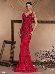 Red Floral Sequin Mermaid Evening Dress