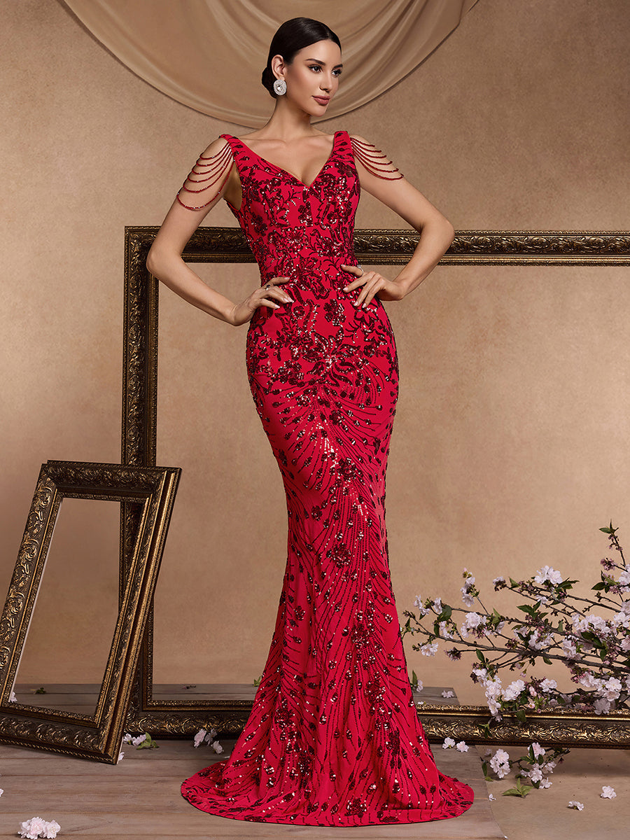 Red Floral Sequin Mermaid Evening Dress
