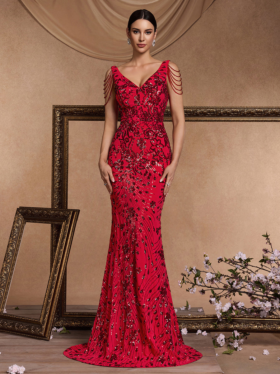 Red Floral Sequin Mermaid Evening Dress