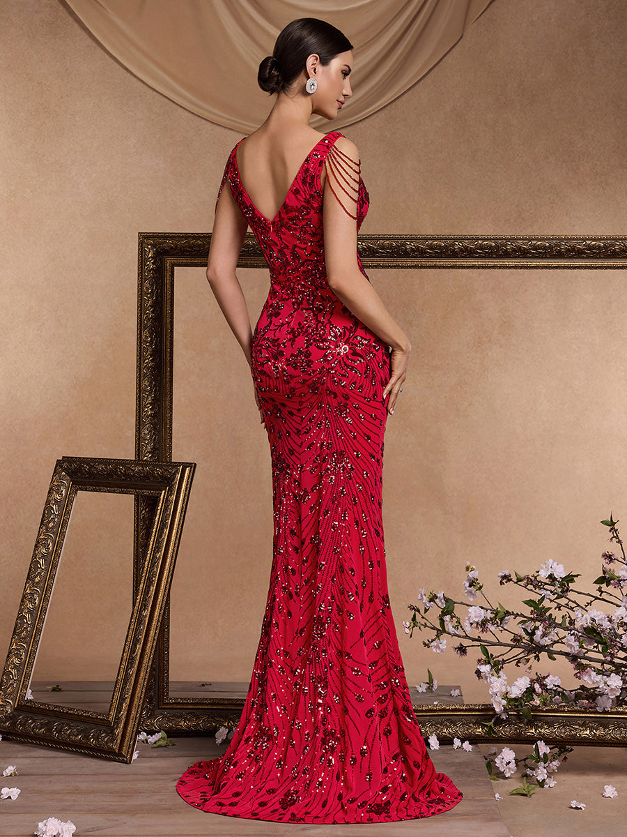 Red Floral Sequin Mermaid Evening Dress