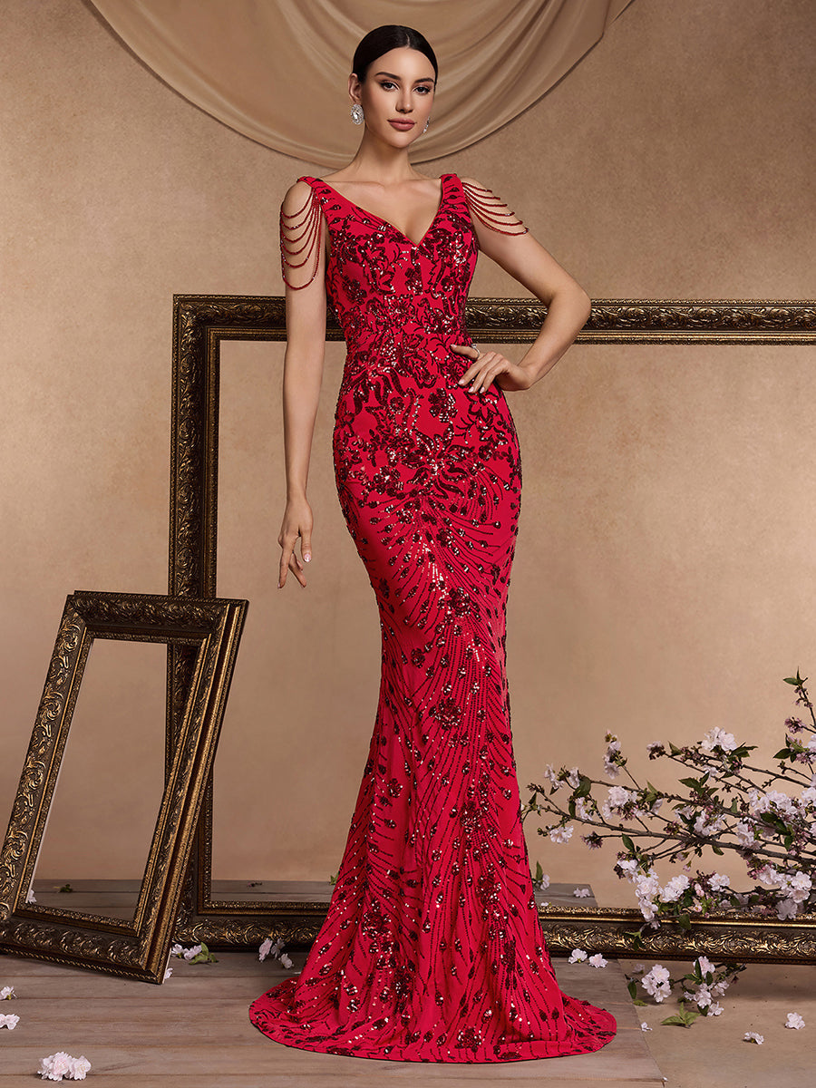 Red Floral Sequin Mermaid Evening Dress
