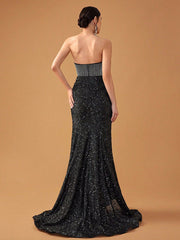 Strapless Backless Sequin Split Evening Dress