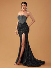 Strapless Backless Sequin Split Evening Dress