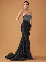 Strapless Backless Sequin Split Evening Dress