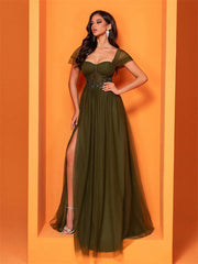 Square Neck Corset Split Mesh Prom Dress