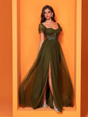 Square Neck Corset Split Mesh Prom Dress
