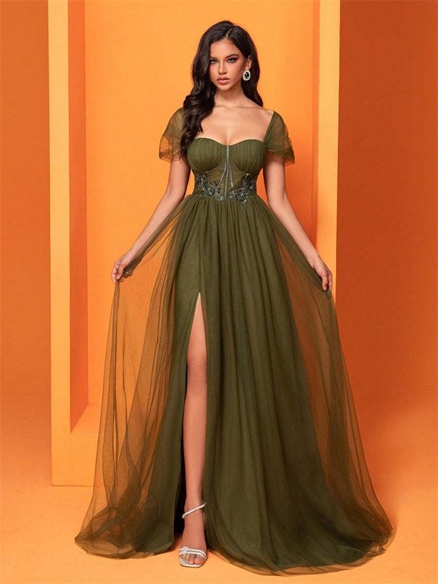 Square Neck Corset Split Mesh Prom Dress