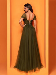 Square Neck Corset Split Mesh Prom Dress