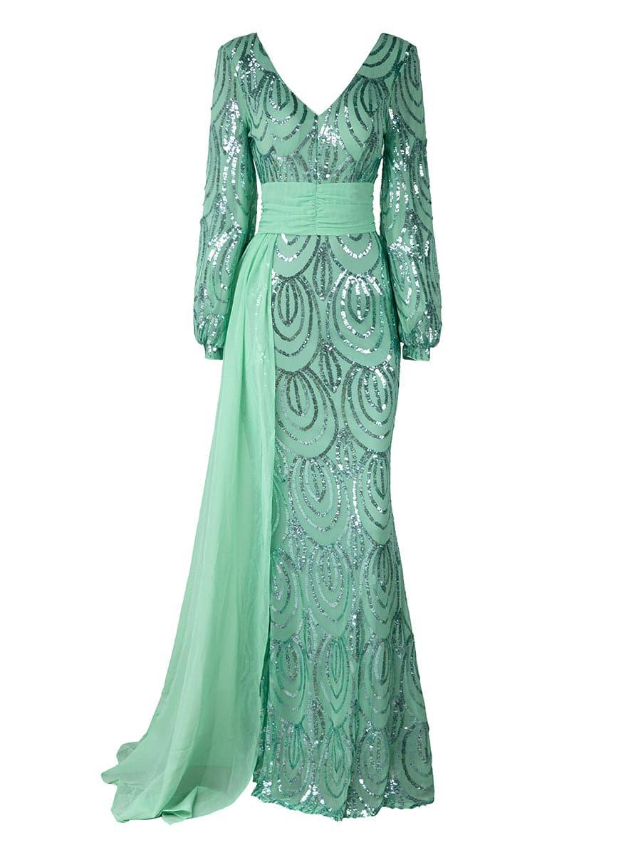 Formal Draping Sequin Long Sleeve Dress