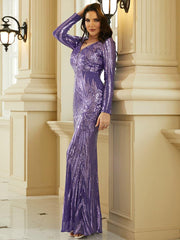 Formal Long Sleeve Sequin Purple Evening Dress