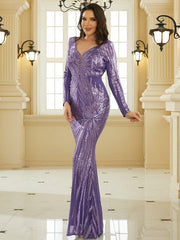 Formal Long Sleeve Sequin Purple Evening Dress