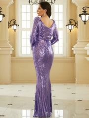 Formal Long Sleeve Sequin Purple Evening Dress