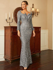 Fold V Neck Trumpet Sequin Gray Evening Dress