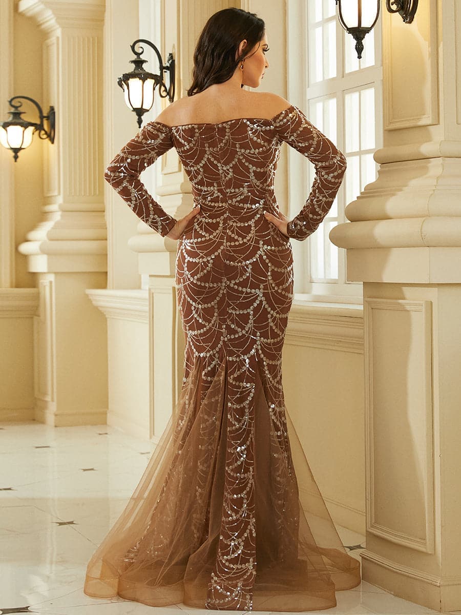 Off Shoulder Long Sleeve Mermaid Hem Sequin Wedding Dress