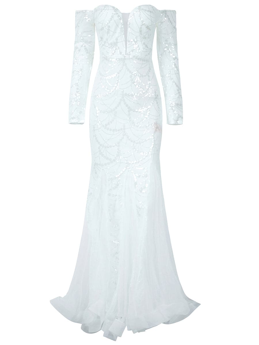 Off Shoulder Long Sleeve Mermaid Hem Sequin Wedding Dress