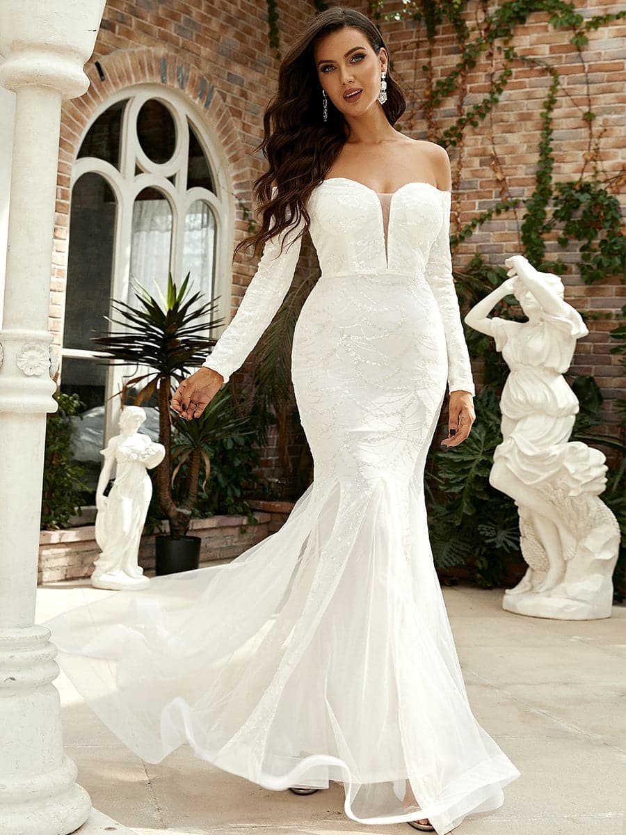 Off Shoulder Long Sleeve Mermaid Hem Sequin Wedding Dress