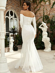 Off Shoulder Long Sleeve Mermaid Hem Sequin Wedding Dress