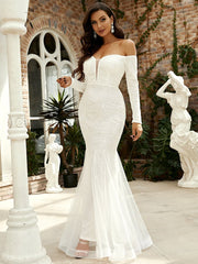 Off Shoulder Long Sleeve Mermaid Hem Sequin Wedding Dress