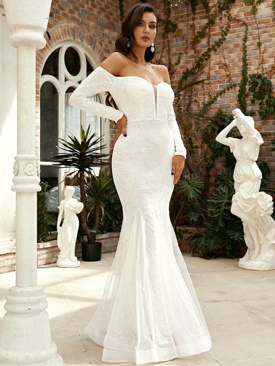Off Shoulder Long Sleeve Mermaid Hem Sequin Wedding Dress