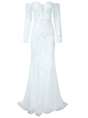 Off Shoulder Long Sleeve Mermaid Hem Sequin Wedding Dress
