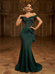 Green Embroidered Off Shoulder Mermaid Evening Dress