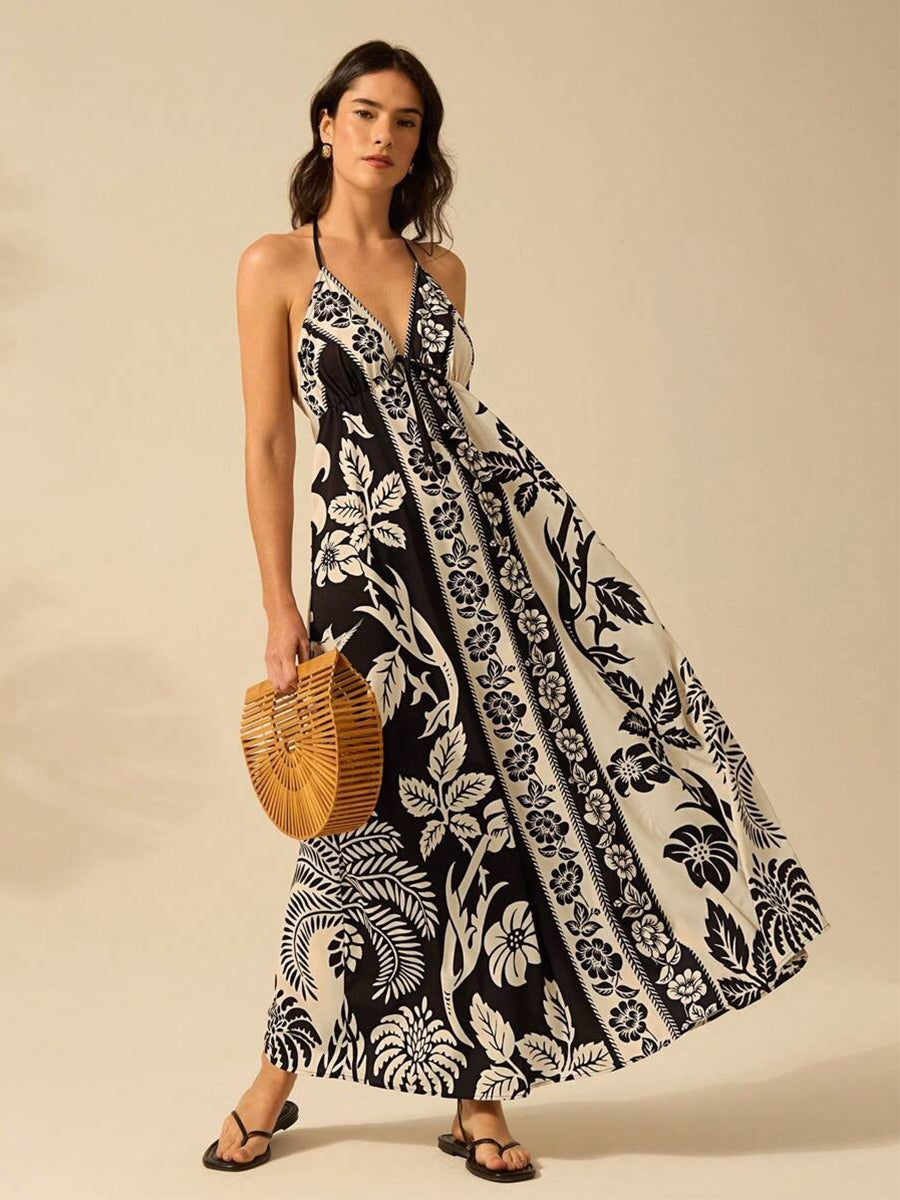 Color-block Floral Halter Loose Vacation Dress
