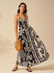 Color-block Floral Halter Loose Vacation Dress
