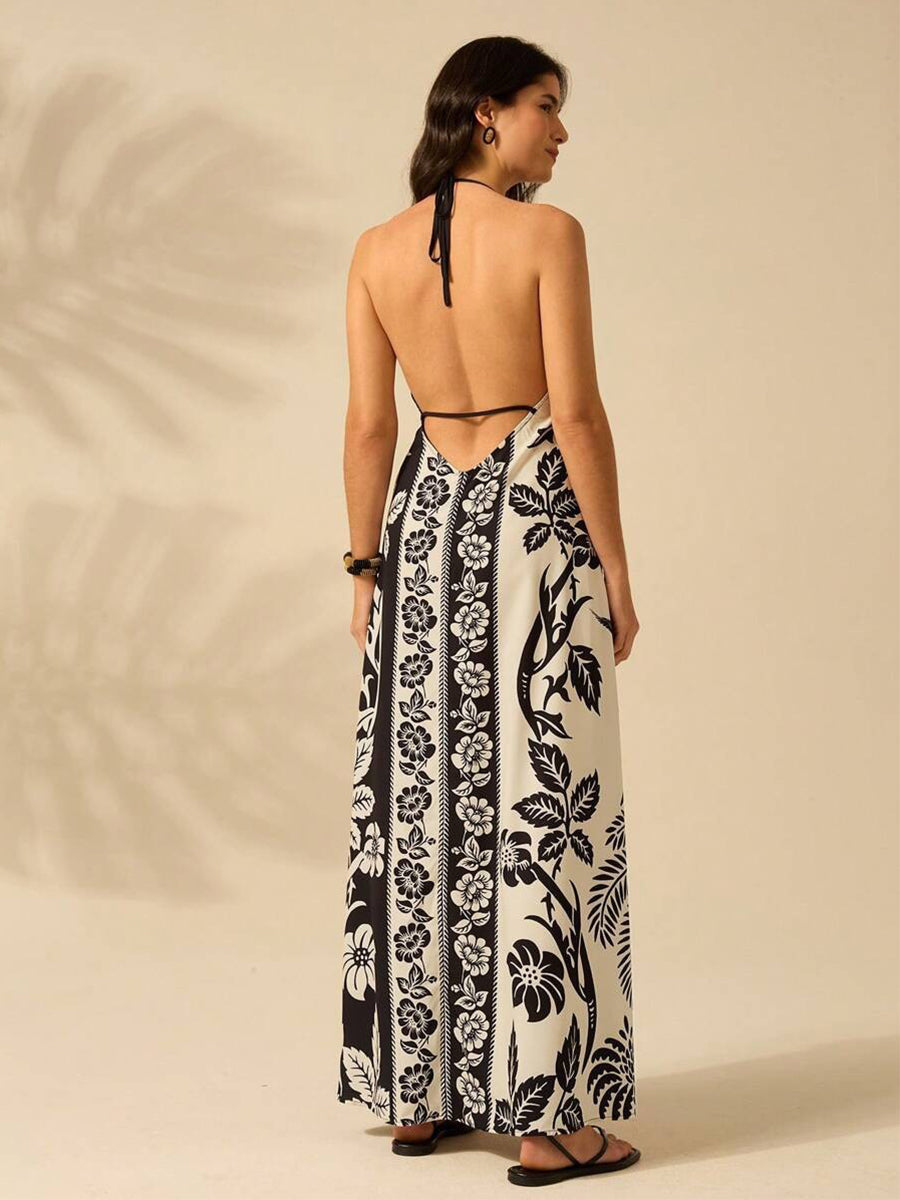 Color-block Floral Halter Loose Vacation Dress