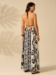 Color-block Floral Halter Loose Vacation Dress