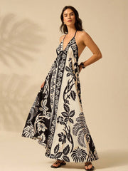 Color-block Floral Halter Loose Vacation Dress