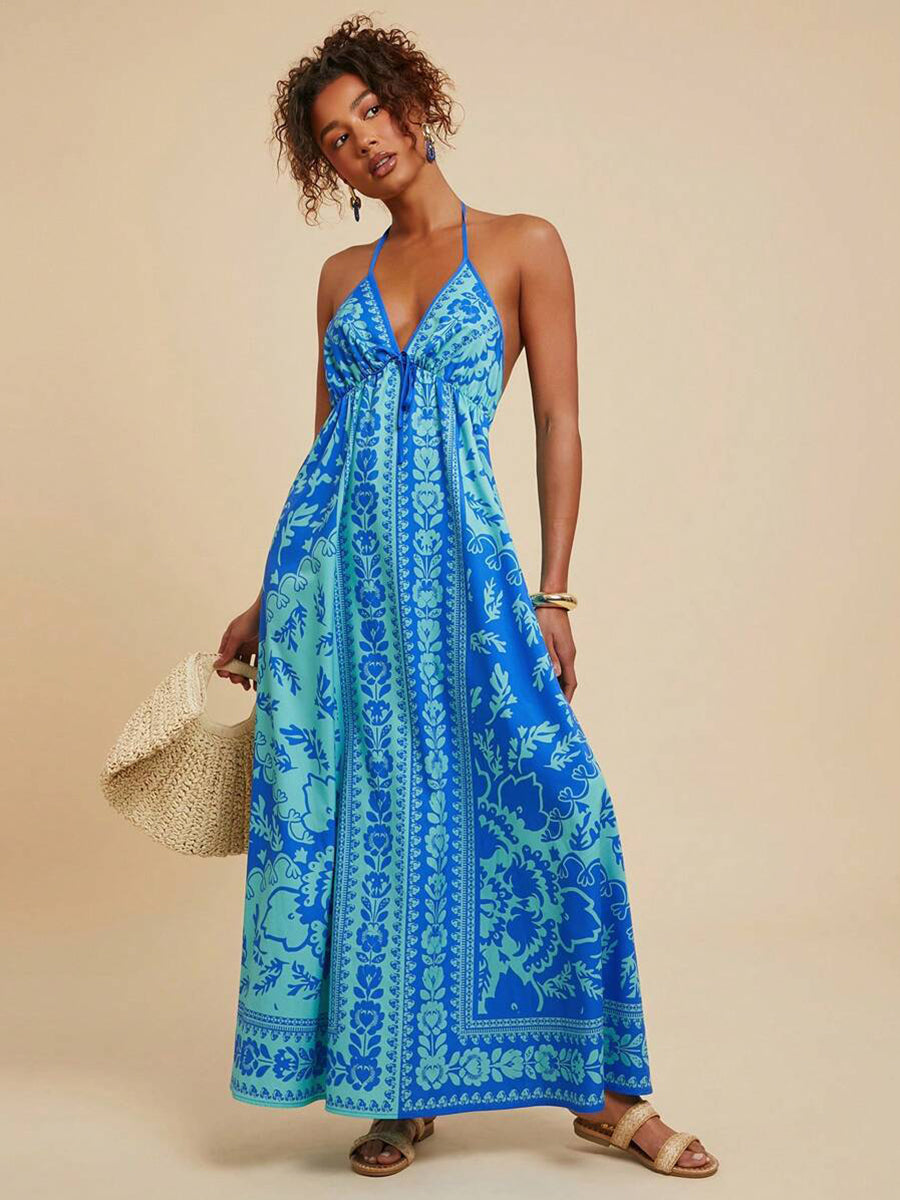 Blue Tribal Halter Backless Vacation Dress