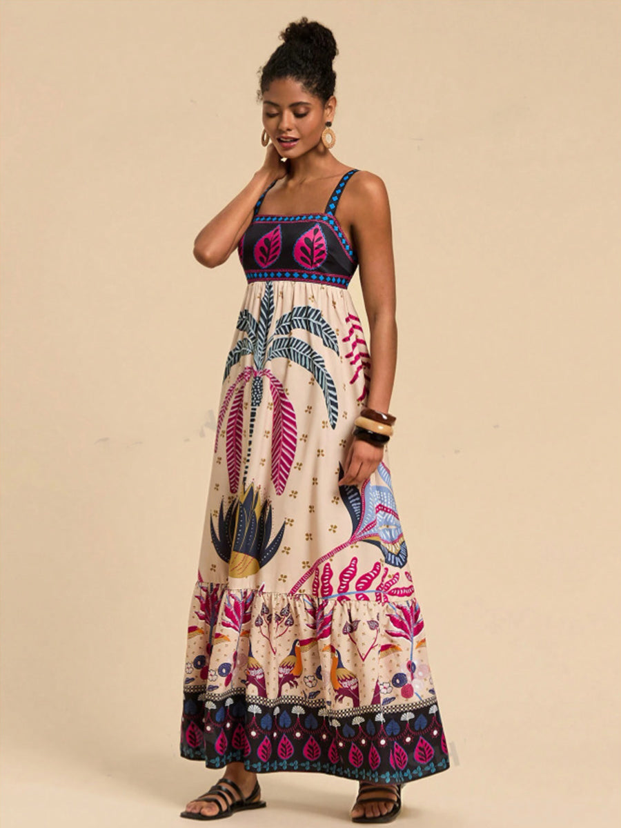 Square Neck Tropical Printed Vacation Dress