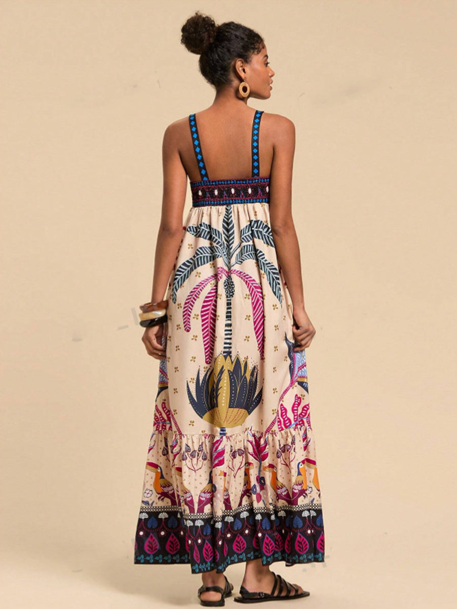 Square Neck Tropical Printed Vacation Dress
