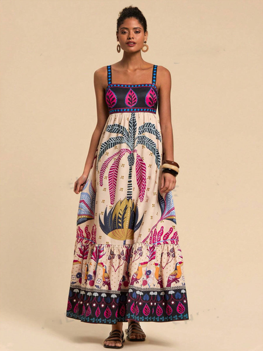 Square Neck Tropical Printed Vacation Dress