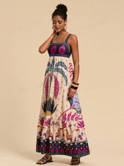 Square Neck Tropical Printed Vacation Dress