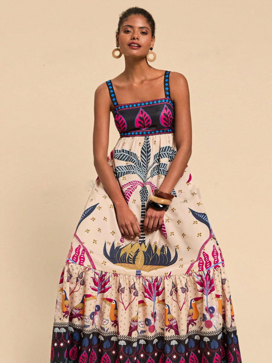 Square Neck Tropical Printed Vacation Dress