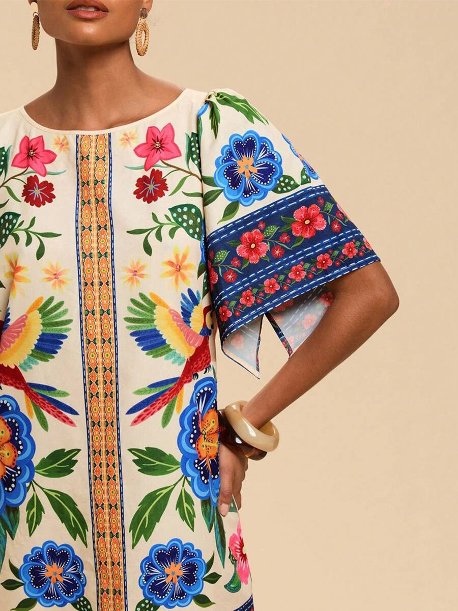 Tropical Print Short Sleeve Mini Vacation Dress