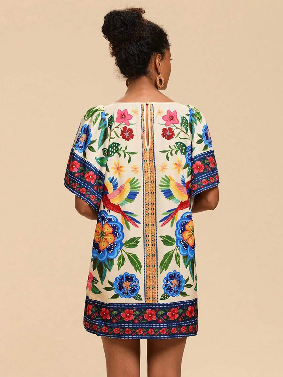 Tropical Print Short Sleeve Mini Vacation Dress