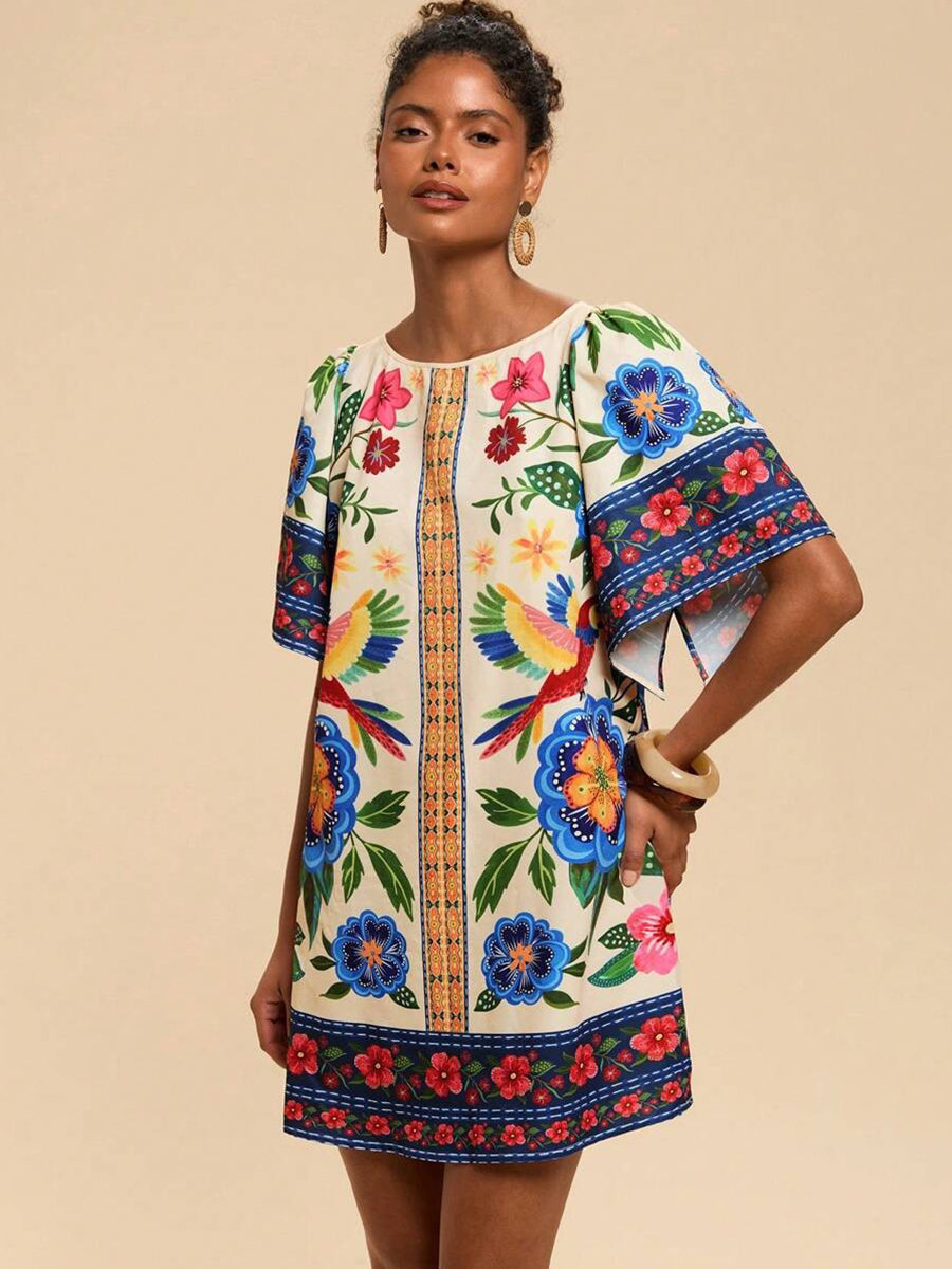 Tropical Print Short Sleeve Mini Vacation Dress