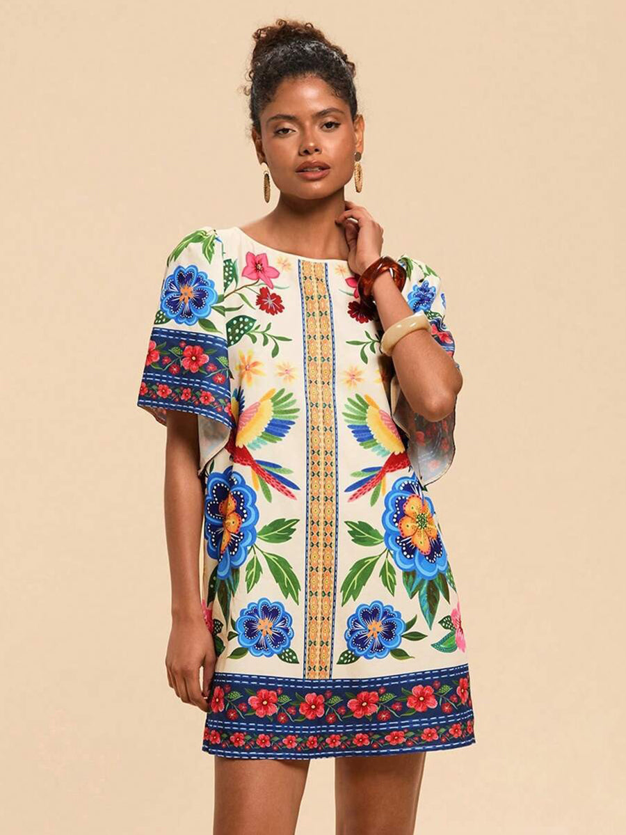 Tropical Print Short Sleeve Mini Vacation Dress