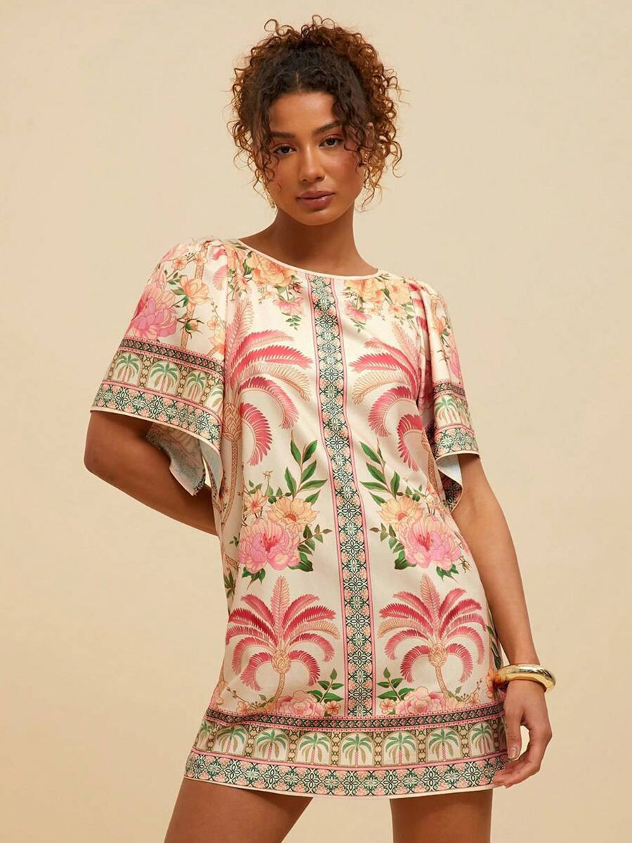 Tropical Print Short Sleeve Mini Vacation Dress