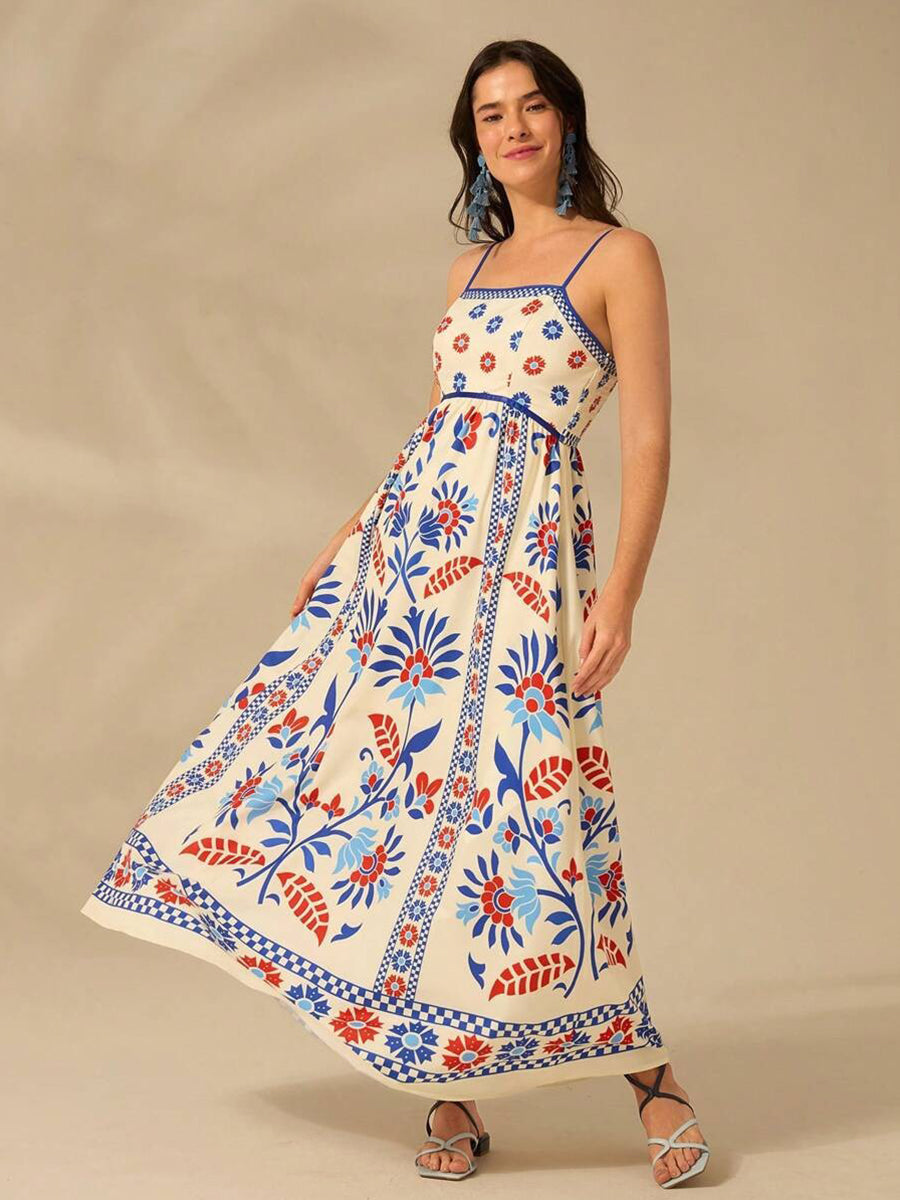 Graphic Printed Shirred Loose Vacation Dress