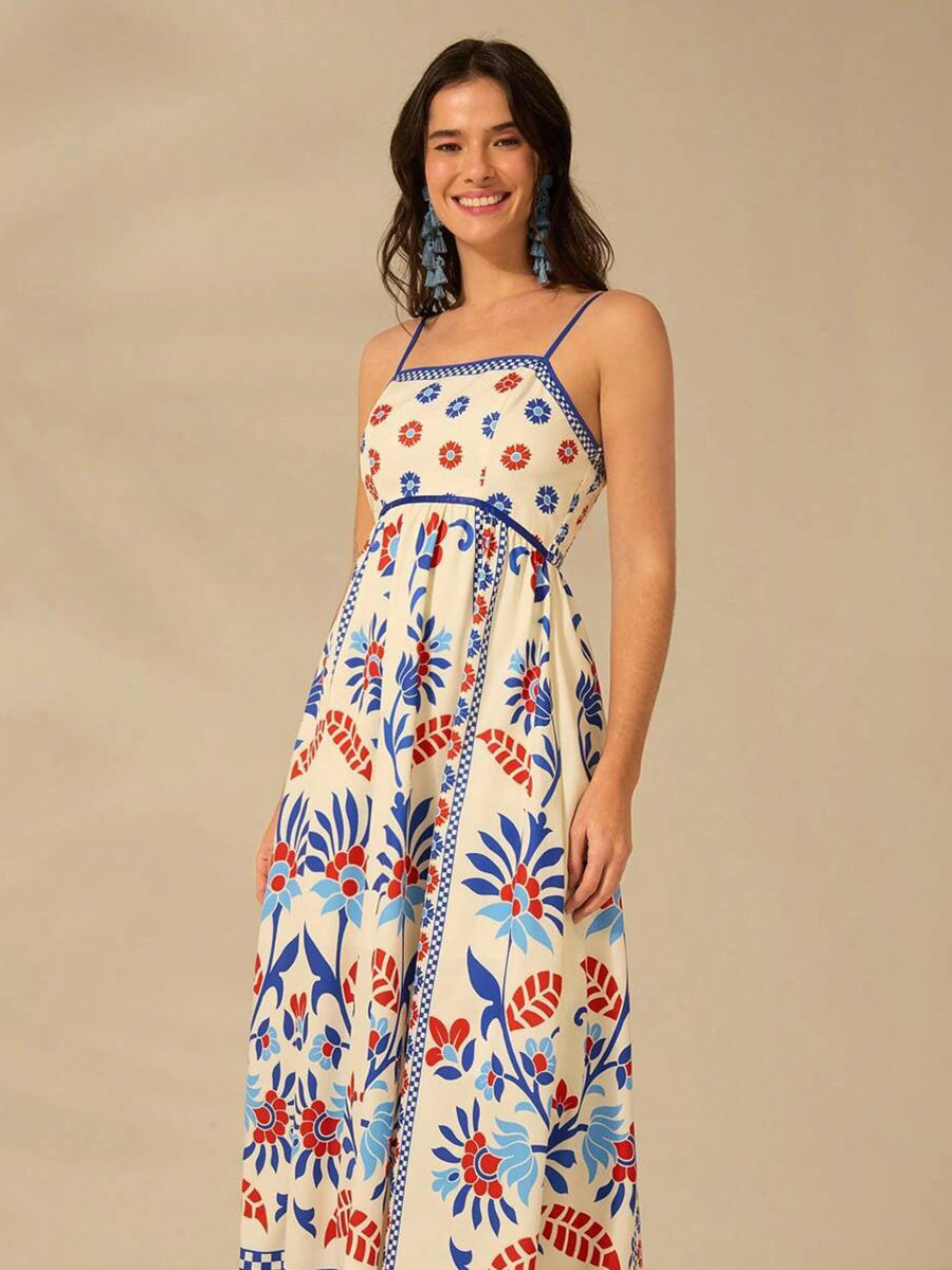 Graphic Printed Shirred Loose Vacation Dress