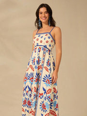 Graphic Printed Shirred Loose Vacation Dress