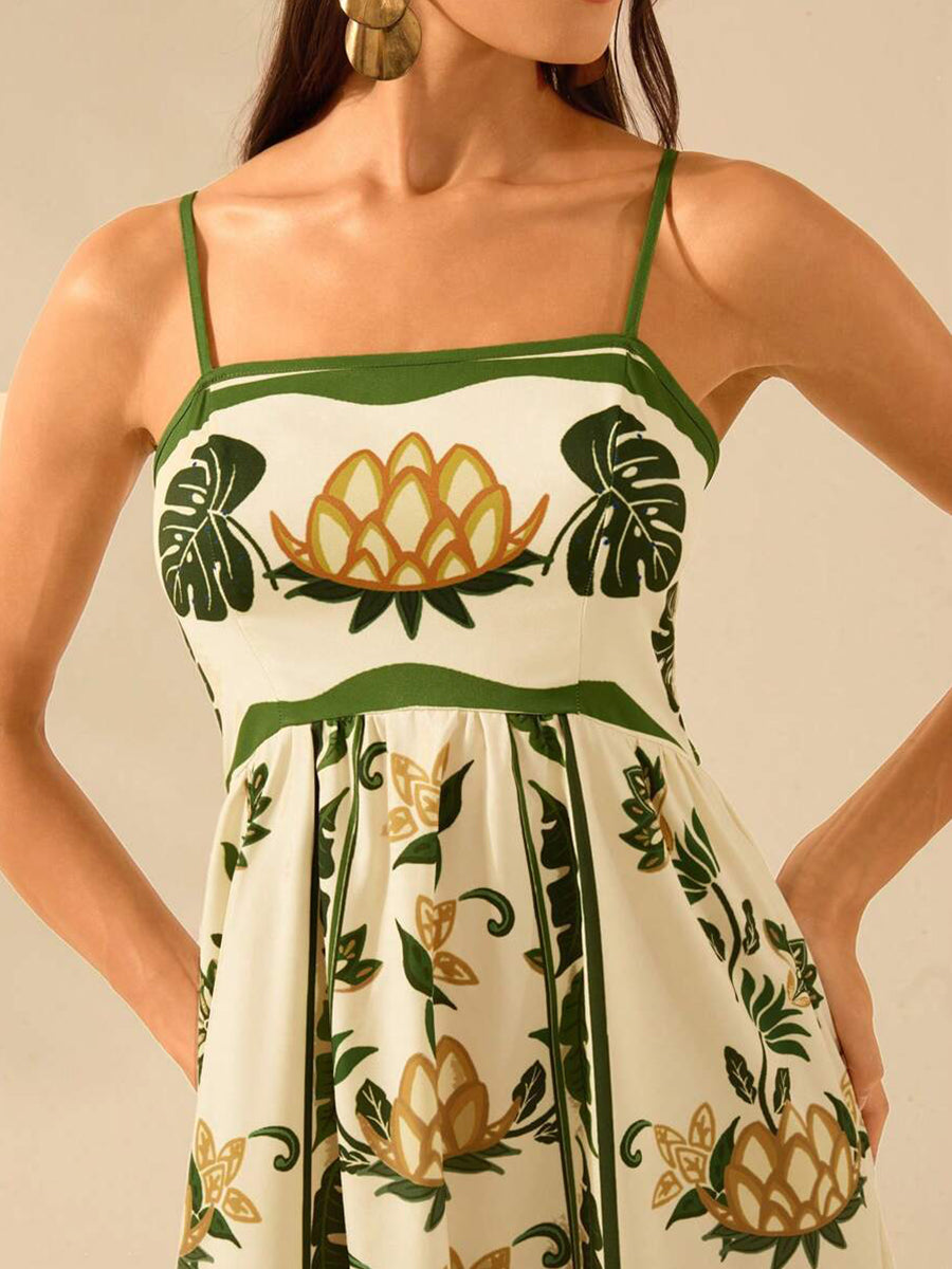 Green Floral High Waist A-line Vacation Dress