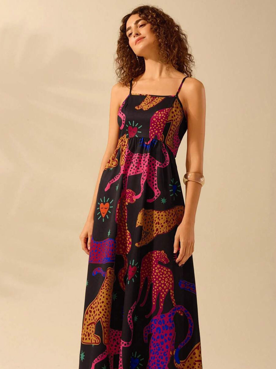 Black Animal Spaghetti A-line Vacation Dress