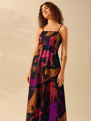 Black Animal Spaghetti A-line Vacation Dress