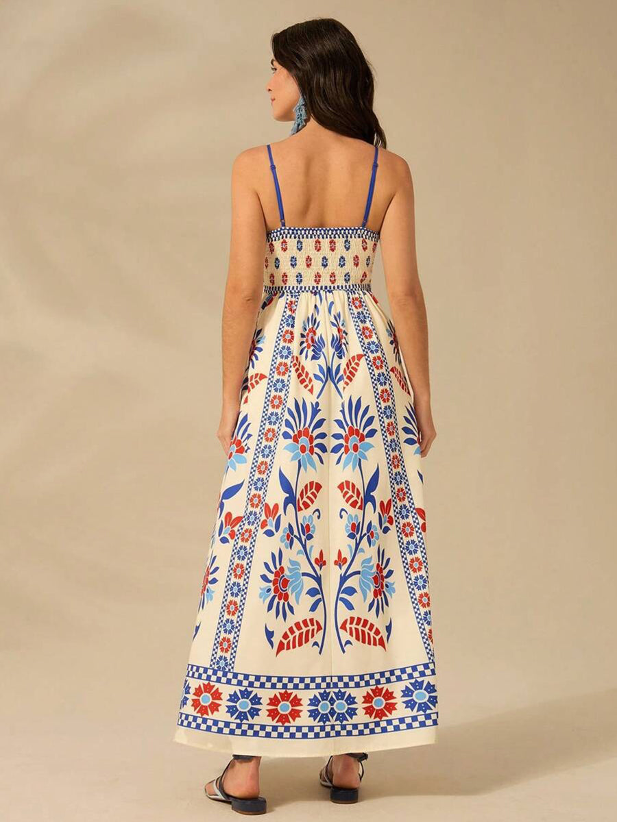 Graphic Printed Shirred Loose Vacation Dress
