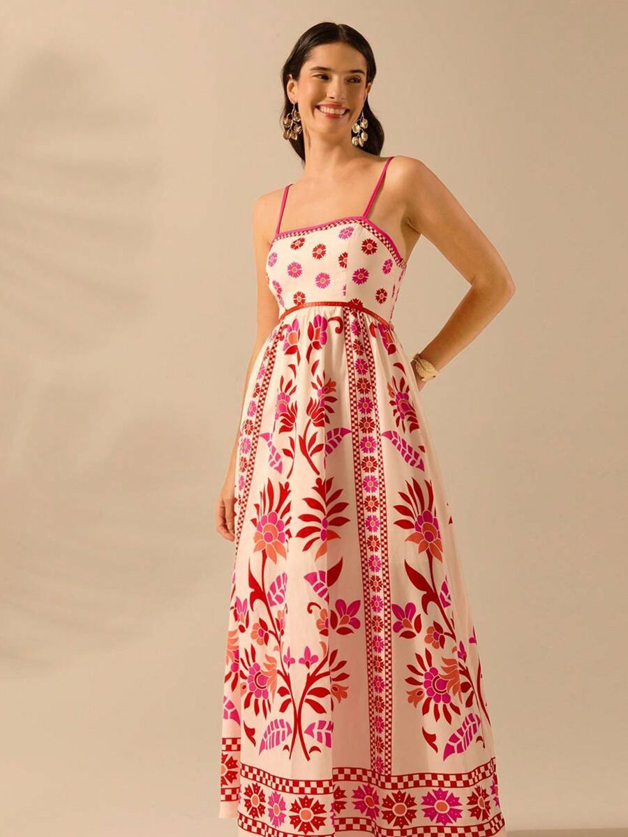 Tropical Printed Red A-line Vacation Dress