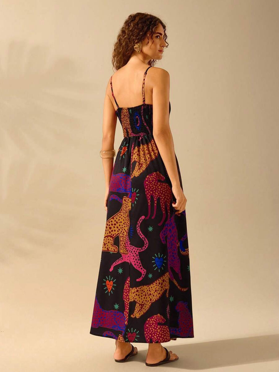 Black Animal Spaghetti A-line Vacation Dress